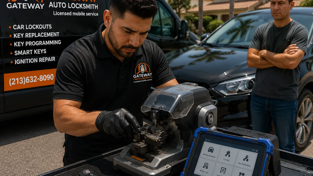 Gateway Auto Locksmith providing mobile car key replacement and key programming service in Eastvale California