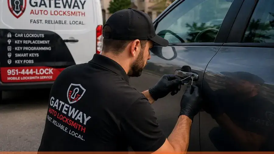 Automotive locksmith extracting a broken key from a vehicle lock in Eastvale CA