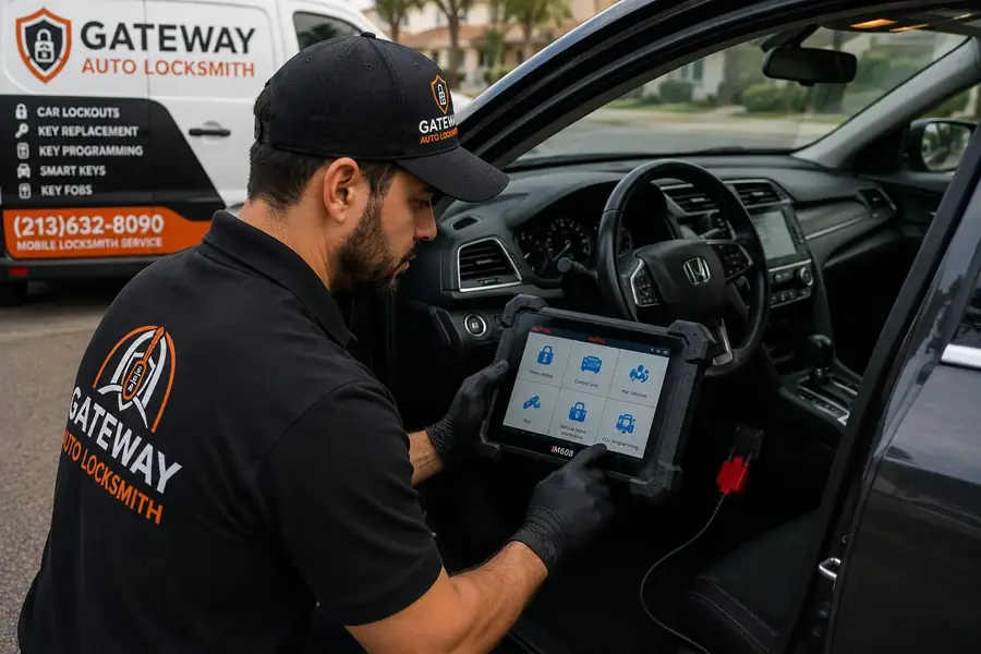 Automotive locksmith programming a car key with diagnostic tablet in Eastvale CA